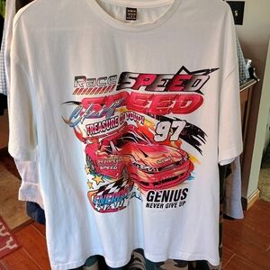 SHEIN White Graphic Tee with Red and Black Accents